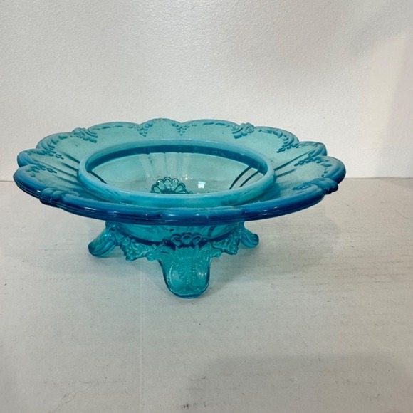 Vintage Aqua Blue Glass Compote Bowl Pedestal Candy‎ Dish Scalloped Edge - Picture 1 of 5